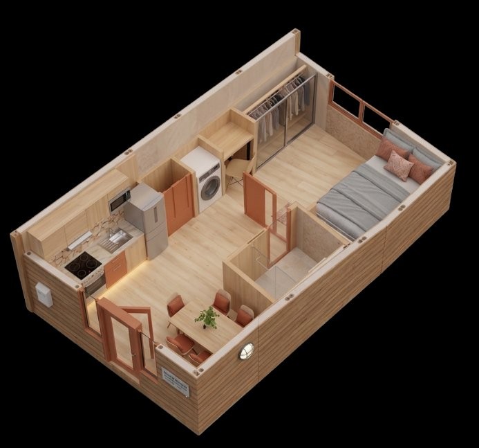 A 3D cutaway of a Tooly home showing the kitchen, dining area, living room, bedroom, bathroom, and storage.
