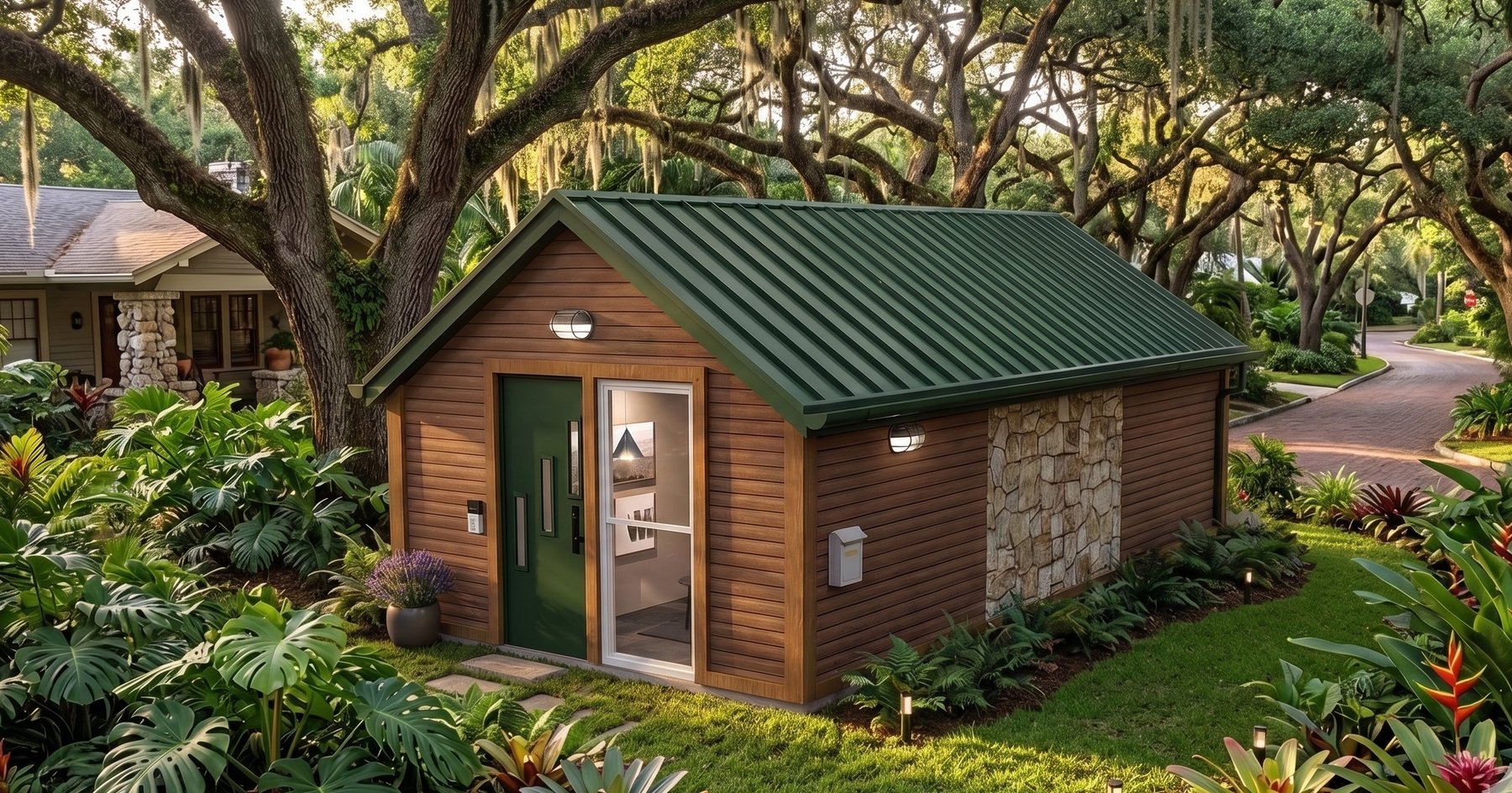 A forest-green Tooly tucked into a lush Florida backyard, beneath oak trees draped with Spanish moss, with tropical plants in front and a neighbor's bungalow visible behind.