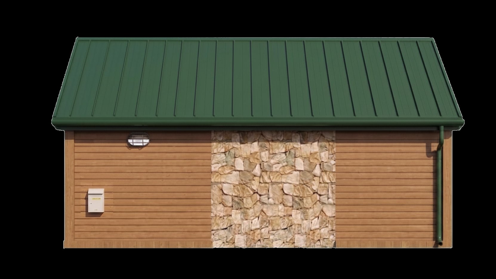 Side profile of a forest-green Tooly, showing the wood siding and stone accent panel.