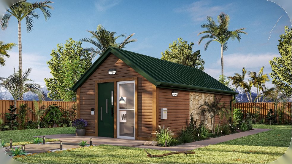 A forest-green Tooly in a Florida backyard, three-quarter view with palms and a fenced garden.