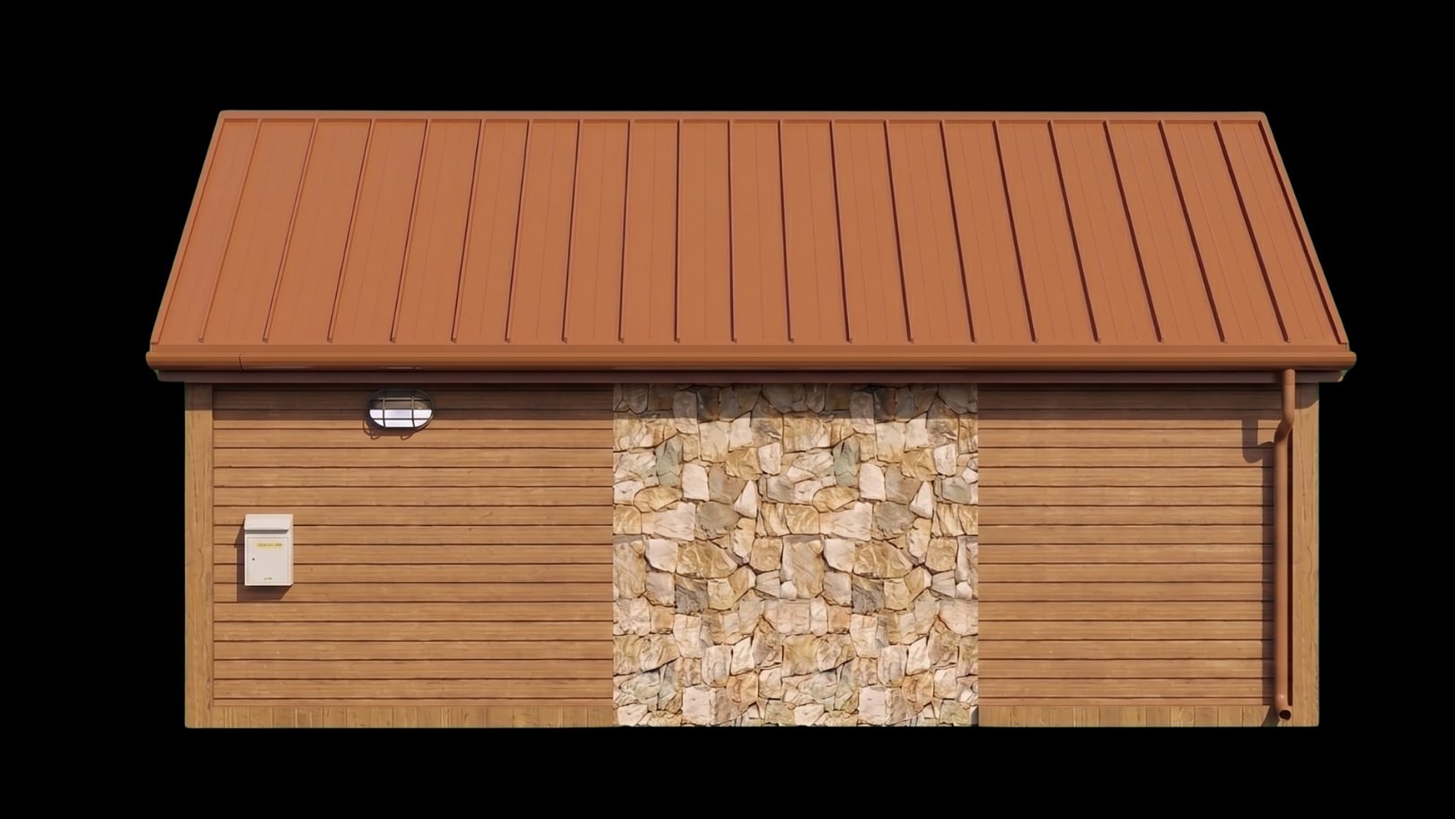 Side profile of a sunset-orange Tooly, showing the wood siding and stone accent panel.