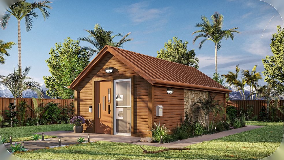 A sunset-orange Tooly in a Florida backyard, three-quarter view with palms and a fenced garden.
